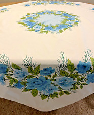 WONDERFUL Vintage MCM Blue & Green Floral Cottage Style Tablecloth 47x52