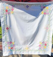 Vintage Handmade Linen Tablecloth Lace Hem Crocheted Basket of Flowers 40x40 picture
