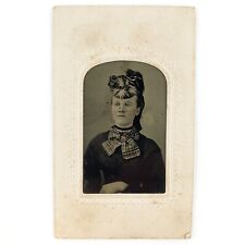 Unhappy Large Hat Woman Tinype c1870 Antique 1/16 Plate Bow Lady Photo Art C1746 picture