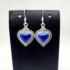 Vintage Lapis Lazuli Gemstone Inlay Heart Sterling Silver Hook Earrings - 5.3g picture