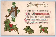 Hartley Iowa IA Postcard Christmas Holly Berries Embossed 1908 Posted Antique picture