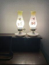 Pair Vintage Milk Glass Hurricane Lamps with Gold Flowers picture