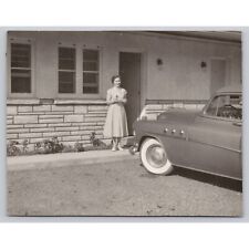 Vintage Black & White Photo Woman Standing By Classic Car Buick Roadmaster picture