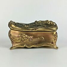 Antique Victorian Art Nouveau Jewelry Casket Box Gold Tone Flower Bird Silk Gift picture