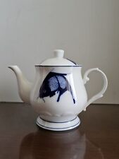 Vintage Cheng's White Jade Porcelain Blue & White Koi Carp Fish Teapot-VEUC picture