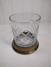 Vintage Whiskey Glass Etched Diamond Design Brass Base 3 1/2 Inches Tall Nice picture