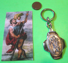 VINTAGE KEY CHAIN ST CHRISTOPHER METAL KEYCHAIN RING WITH HOLY CARD X001S1Z6B9 picture