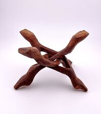Large Hand Carved Wooden Folding Bowl Holder Stand Trivet Vintage Boho India 7