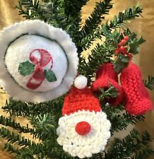 Vintage Lot Of 3 Homemade Christmas Ornaments ~Crochet Santa & Bells, Candy Cane picture