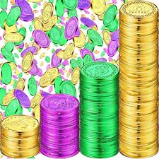 1200 Pcs Mardi Gras Plastic Coins Bulk Assorted Metallic Gold Green and Purple. picture