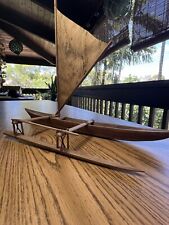 Vintage Wood Polynesian Outrigger Canoe Hand Carved with  Bark Cloth Sail 19”L picture