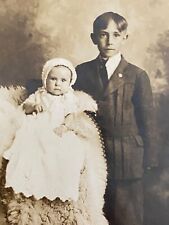 1910s RPPC: BROTHER AND BABY SIBLING antique real photograph postcard AMERICANA picture