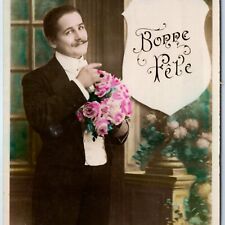 c1910s French Happy Holiday Handlebar Mustache Man RPPC Color Real Photo PC A136 picture