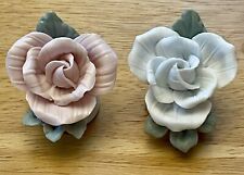 Vintage Enesco White & Pink Rose With Bud Porcelain Figurine Green Leaves picture