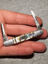 #24 Rare New York Knife Co. Walden 2 Blade Pocket Knife Abalone Engraved Vintage picture