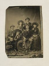 Antique Tintype Photo Group Men Women Wearing Hats Flowers Walking Stick picture