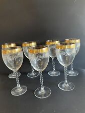Vintage 1960s set of 8 tall gold floral rimmed wine goblets with twisted stems.  picture