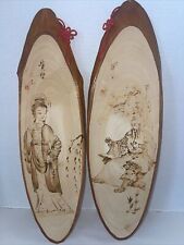 Vintage Asian Geisha Pyrography Wood Slab Burning Oval Wall Plaque Signed Set picture