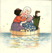 Dutch Girl & Boy in Barrel on Ocean Kissing Florence Hardy Unsigned Postcard F1 picture
