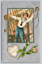 1908 John Winsch Antique Silver Foil Gel Postcard To My True Love Rose Heart Boy picture