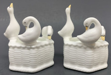 Vtg Pair of White Geese Nest Candle Holders Trinket Figurine Bone China 3.25