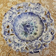 Vtg  Reticulated Blue Deruta Style  Roses Wall Decor Serving Plate Made in Italy picture