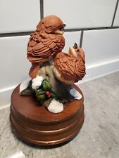 Vintage Enesco Musical Two Birds Holly Branch Berries Pine Cones Taiwan Sparrows picture