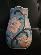 Vintage Ceramic Floral Vase Sandy Textured Glaze Blue Pink Green Scallop Edge picture