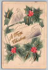 A Merry Christmas-VTG Embossed German Postcard-Early 1900s w/Dove-Church & Holly picture