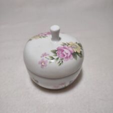 Vintage Porcelain Ceramic Round Trinket Box with Lid White Floral Stem picture