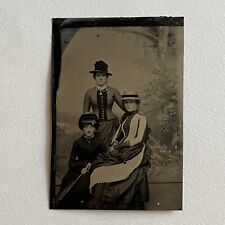 Antique Tintype Group Photograph Beautiful Affluent Women Gorgeous Dress Hat picture