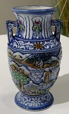 Vintage Japanese Moriage Majolica Double Handle Blue Vase Raised Relief Scene picture
