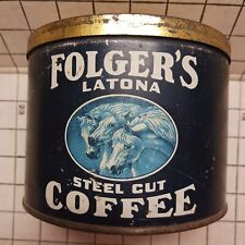 Vintage Folgers Latona Steel Cut Coffee Tin + Lid - 3 Horses Artwork Blue Label picture