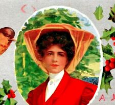C.1910s Christmas. Lovely Lady. Songbirds. Dresden. Holly. Large Hats. VTG Card picture