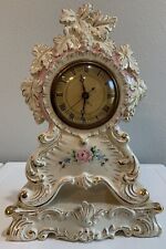Antique 1950’s Porcelain Mantle Shelf Clock Cream Pink Floral Bouquet Gold Trim picture