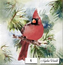 (1) TWO Paper LUNCHEON Decoupage Art Craft Napkins - RED CARDINAL BIRD in PINE picture