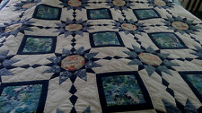 Vintage Hand quilted Stars Quilt  Blue  Ivory 92 1/2 x 107 king size picture