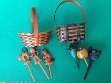 VINTAGE HALLOWEEN CUPCAKE PICKS Scarecrow Witch Cat JOL Mini Wicker Baskets Lot picture