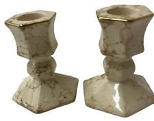 Pair Of Partylite Marbled Ivory And Gold Trimmed Terrazzo Candle Stick Holders picture