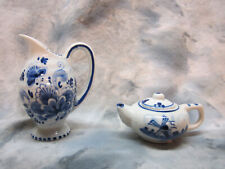 Collectible Lot of 2 Delft Blue Holland Windmills Ceramic Mini Pitcher & Teapot picture
