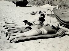 1950s Two Pretty Curvy Women Bikini Men Lying on seashore Vintage Photo Snapshot picture
