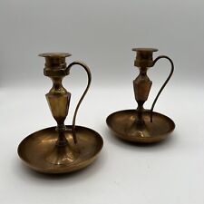 Set of 2 Vintage Solid Brass Chamber Style Finger Loop Candlestick Holder picture