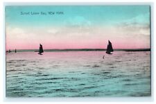 Sunset Lower Bay New York NY Sailboats Lake Postcard Vintage Antique picture