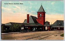Gardner, Massachusetts MA - Vintage Cars at Union Station - Vintage Postcards picture