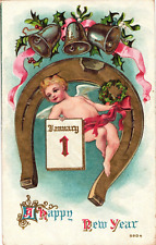 Happy New Year Cherub Gold Horseshoe c1912 Postcard picture