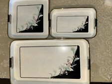Vintage Lacquerware Jay Imports Japan 3 Piece Tray Set BK WH Floral 18”8” picture