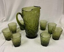Vintage Seneca Driftwood Glass Pitcher/Glasses Avocado Green Crinkle Design picture