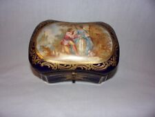 Antique French Hand Painted Porcelain Box Gilted Cobalt Blue Courting Couple picture