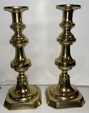 HUGE Antique 1850 Pair Queen Anne Spun Brass Push-up Candle Sticks Polished picture