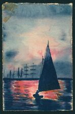 French 1915 Original HAND Drawn WATERCOLOR Sailboat Sunset NIGHT Scene Ships picture